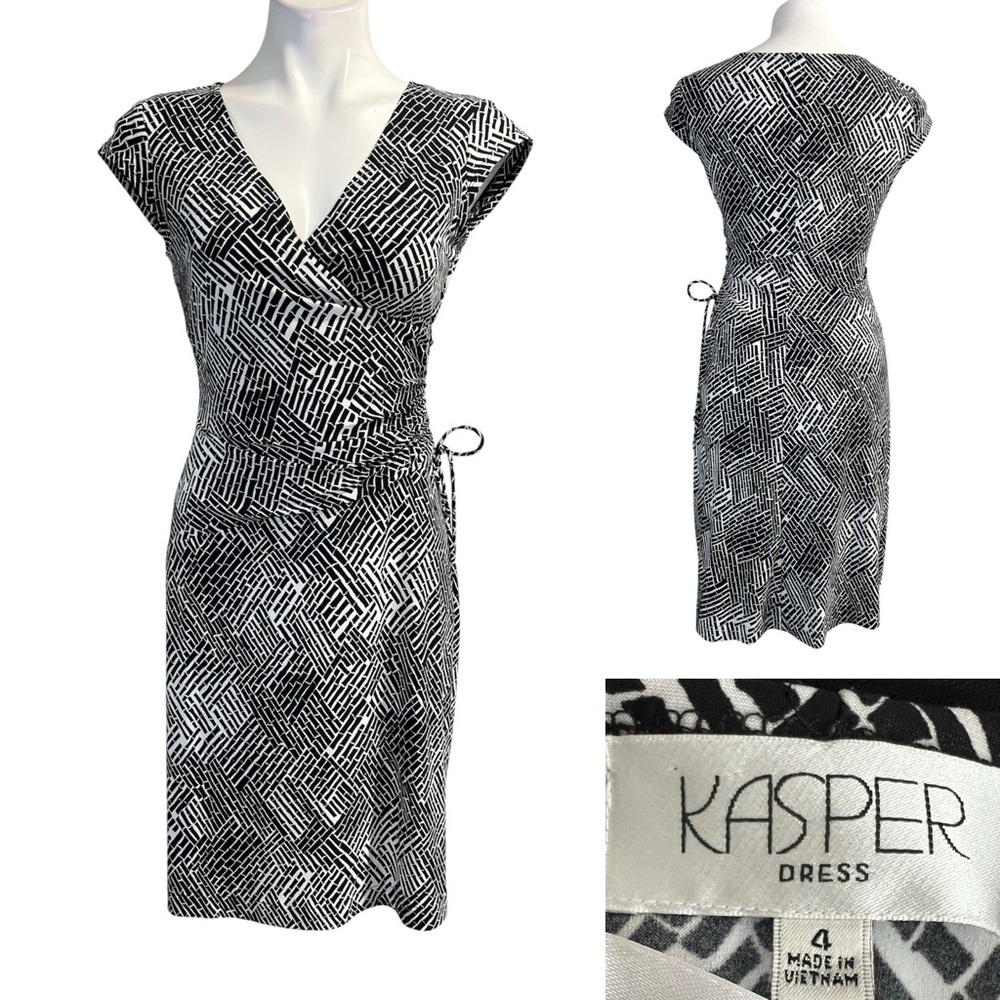 Kasper dress sz 4‎ black white Monochrome Geometric faux wrap office church